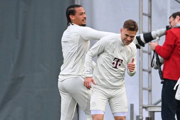 v.li:Leroy SANE (Bayern Muenchen), Joshua KIMMICH (Bayern Muenchen). Fussball Champions League ABSCHLUSSTRAINING vor Achtelfinal Rueckspiel FC Bayern Muenchen-Lazio Rom am 04.03.2024