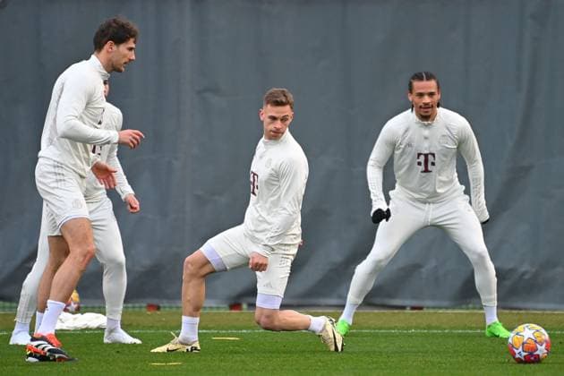 v.re:Leroy SANE (Bayern Muenchen), Joshua KIMMICH (Bayern Muenchen), Leon GORETZKA (Bayern Muenchen)Aktion. Fussball Champions League ABSCHLUSSTRAINING vor Achtelfinal Rueckspiel FC Bayern Muenchen-Lazio Rom am 04.03.2024