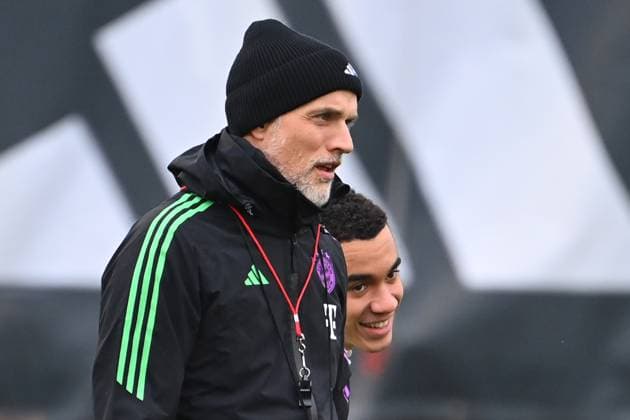Trainer Thomas TUCHEL (Bayern Muenchen), Jamal MUSIALA (Bayern Muenchen). Fussball Champions League ABSCHLUSSTRAINING vor Achtelfinal Rueckspiel FC Bayern Muenchen-Lazio Rom am 04.03.2024