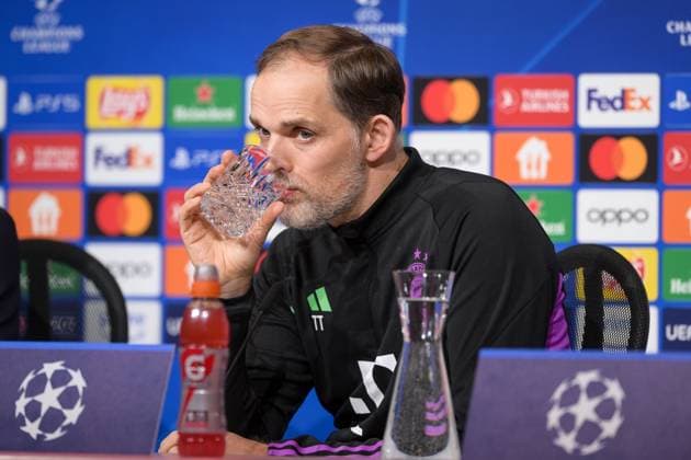 Fußball, UEFA Championsleague, 20240304, Pressekonferenz FC Bayern München - SS Lazio Rom. Im Bild Trainer des FC Bayern München Thomas TUCHEL trinkt. München Allianz Arena Bayern Deutschland Copyright: Passion2Press MarkusxFischerx