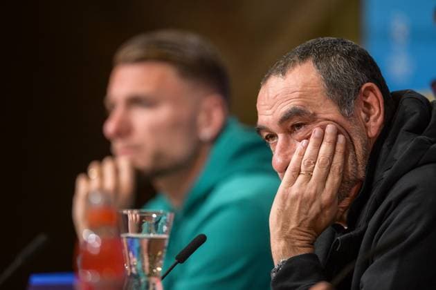 Sport Bilder des Tages Fußball, UEFA Championsleague, 20240304, Pressekonferenz FC Bayern München - SS Lazio Rom. Im Bild Trainer der SS Lazio Rom Maurizio SARRI im Hintergrund Ciro IMMOBILE (SS Lazio Rom, 17). München Allianz Arena Bayern Deutschland Copyright: Passion2Press MarkusxFischerx