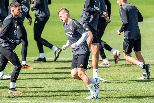 Jude Bellingham, Antonio Ruediger , Eduardo Camavinga, Vinicius Junior, Luka Modric, Ferland Mendy, Daniel Carvajal, Lucas Vazquez, Toni Kroos, Federico Valverde, Arda Gueler, Nacho Fernandes Abschlusstraining Real Madrid vor Real Madrid vs. RB Leipzig, Fussball, UEFA Champions League, Achtelfinale, 05.03.2024 Abschlusstraining Real Madrid vor Real Madrid vs. RB Leipzig, Fussball, UEFA Champions League, Achtelfinale, 05.03.2024 Madrid Copyright: xEibner-Pressefoto BahhoxKarax EP_BKA