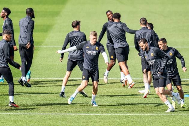 Sport Bilder des Tages Jude Bellingham, Antonio Ruediger , Eduardo Camavinga, Vinicius Junior, Luka Modric, Ferland Mendy, Daniel Carvajal, Lucas Vazquez, Toni Kroos, Federico Valverde, Arda Gueler, Nacho Fernandes Abschlusstraining Real Madrid vor Real Madrid vs. RB Leipzig, Fussball, UEFA Champions League, Achtelfinale, 05.03.2024 Abschlusstraining Real Madrid vor Real Madrid vs. RB Leipzig, Fussball, UEFA Champions League, Achtelfinale, 05.03.2024 Madrid Copyright: xEibner-Pressefoto BahhoxKarax EP_BKA