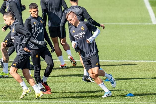 Jude Bellingham, Antonio Ruediger , Eduardo Camavinga, Vinicius Junior, Luka Modric, Ferland Mendy, Daniel Carvajal, Lucas Vazquez, Toni Kroos, Federico Valverde, Arda Gueler, Nacho Fernandes Abschlusstraining Real Madrid vor Real Madrid vs. RB Leipzig, Fussball, UEFA Champions League, Achtelfinale, 05.03.2024 Abschlusstraining Real Madrid vor Real Madrid vs. RB Leipzig, Fussball, UEFA Champions League, Achtelfinale, 05.03.2024 Madrid Copyright: xEibner-Pressefoto BahhoxKarax EP_BKA