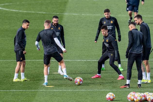 Jude Bellingham, Antonio Ruediger , Eduardo Camavinga, Vinicius Junior, Luka Modric, Ferland Mendy, Daniel Carvajal, Lucas Vazquez, Toni Kroos, Federico Valverde, Arda Gueler, Nacho Fernandes Abschlusstraining Real Madrid vor Real Madrid vs. RB Leipzig, Fussball, UEFA Champions League, Achtelfinale, 05.03.2024 Abschlusstraining Real Madrid vor Real Madrid vs. RB Leipzig, Fussball, UEFA Champions League, Achtelfinale, 05.03.2024 Madrid Copyright: xEibner-Pressefoto BahhoxKarax EP_BKA