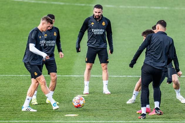 Jude Bellingham, Antonio Ruediger , Eduardo Camavinga, Vinicius Junior, Luka Modric, Ferland Mendy, Daniel Carvajal, Lucas Vazquez, Toni Kroos Abschlusstraining Real Madrid vor Real Madrid vs. RB Leipzig, Fussball, UEFA Champions League, Achtelfinale, 05.03.2024 Abschlusstraining Real Madrid vor Real Madrid vs. RB Leipzig, Fussball, UEFA Champions League, Achtelfinale, 05.03.2024 Madrid Copyright: xEibner-Pressefoto BahhoxKarax EP_BKA