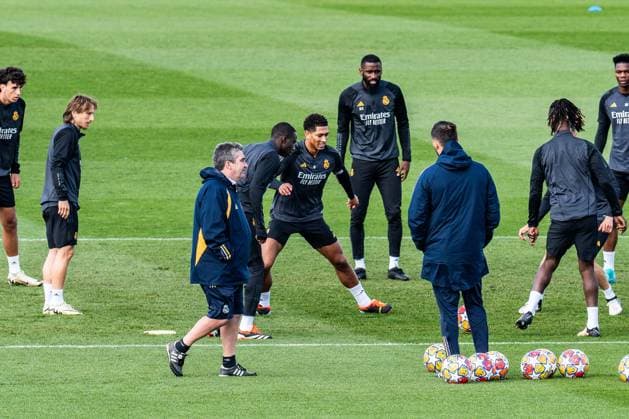 Jude Bellingham, Antonio Ruediger , Eduardo Camavinga, Vinicius Junior, Luka Modric, Ferland Mendy Abschlusstraining Real Madrid vor Real Madrid vs. RB Leipzig, Fussball, UEFA Champions League, Achtelfinale, 05.03.2024 Abschlusstraining Real Madrid vor Real Madrid vs. RB Leipzig, Fussball, UEFA Champions League, Achtelfinale, 05.03.2024 Madrid Copyright: xEibner-Pressefoto BahhoxKarax EP_BKA