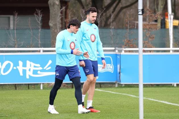 DEU, DFL, 2. FBL Hertha BSC, Training, 05.03.2024, Sportforum, Berlin, DEU, DFL, 2. FBL Hertha BSC, Training, im Bild Fabian Reese (Hertha BSC Berlin 11), Haris Tabakovic (Hertha BSC Berlin 25) DFL - regulations prohibit any use of Photographs as image sequences and or quasi-video Foto: Juergen Engler nordphoto GmbH