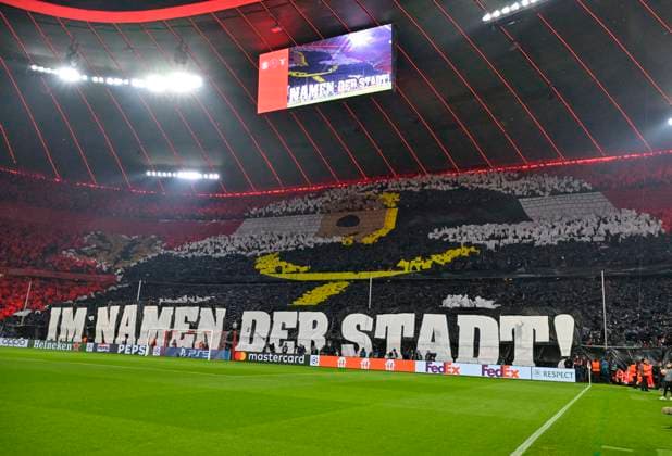 05.03.2024, Fussball UEFA Championsleague 2023 2024: Achtelfinale, FC Bayern München - Lazio Rom, in der Allianz-Arena München. Im Namen der Stadt - Choreografie