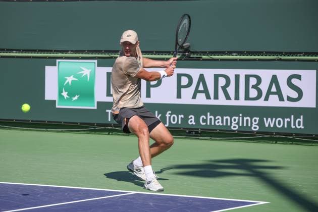INDIAN WELLS, CA - MARCH 05: Lukas Klein (SVK) hits a backhand during the qualifying round for the BNP Paribas Open on March 5, 2024 at Indian Wells Tennis Garden in Indian Wells. CA. (Photo by George Walker Icon Sportswire) TENNIS: MAR 05 BNP Paribas Open EDITORIAL USE ONLY Icon240305008