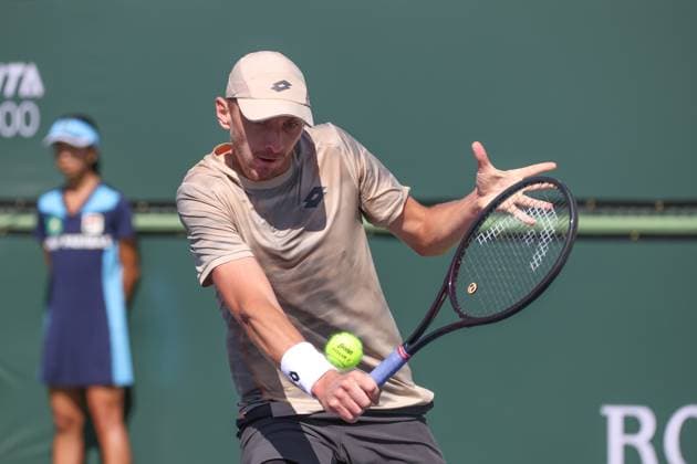 INDIAN WELLS, CA - MARCH 05: Lukas Klein (SVK) hits a backhand during the qualifying round for the BNP Paribas Open on March 5, 2024 at Indian Wells Tennis Garden in Indian Wells. CA. (Photo by George Walker Icon Sportswire) TENNIS: MAR 05 BNP Paribas Open EDITORIAL USE ONLY Icon240305010