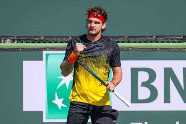 INDIAN WELLS, CA - MARCH 05: Thiago Seyboth Wild (BRA) reacts to a point during the qualifying round for the BNP Paribas Open on March 5, 2024 at Indian Wells Tennis Garden in Indian Wells. CA. (Photo by George Walker Icon Sportswire) TENNIS: MAR 05 BNP Paribas Open EDITORIAL USE ONLY Icon240305017