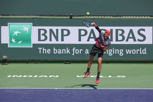 INDIAN WELLS, CA - MARCH 05: Andrea Vavassori (ITA) serves during the qualifying round for the BNP Paribas Open on March 5, 2024 at Indian Wells Tennis Garden in Indian Wells. CA. (Photo by George Walker Icon Sportswire) TENNIS: MAR 05 BNP Paribas Open EDITORIAL USE ONLY Icon240305022