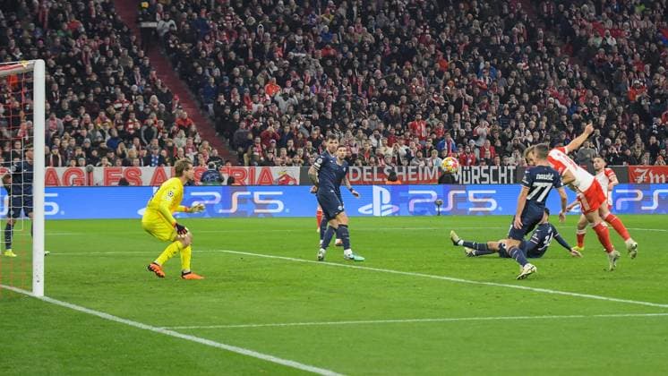 05.03.2024, xemx, Fussball UEFA Champions League 1 8 Finale, FC Bayern Muenchen - Lazio Rom emspor, v.l. Harry Kane (FC Bayern Muenchen) Goal scored, erziehlt das Tor zum 1:0 (DFL DFB REGULATIONS PROHIBIT ANY USE OF PHOTOGRAPHS as IMAGE SEQUENCES and or QUASI-VIDEO) Muenchen