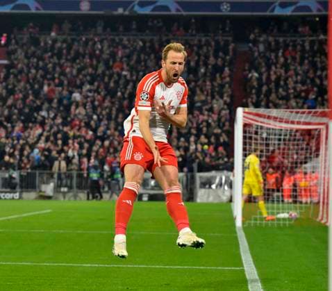 05.03.2024, Fussball UEFA Championsleague 2023 2024: Achtelfinale, FC Bayern München - Lazio Rom, in der Allianz-Arena München. Harry Kane (FC Bayern München) jubelt.