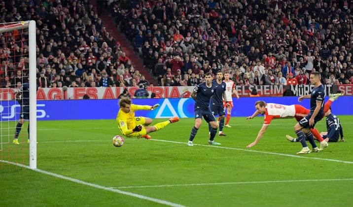 05.03.2024, xemx, Fussball UEFA Champions League 1 8 Finale, FC Bayern Muenchen - Lazio Rom emspor, v.l. Harry Kane (FC Bayern Muenchen) Goal scored, erziehlt das Tor zum 1:0 (DFL DFB REGULATIONS PROHIBIT ANY USE OF PHOTOGRAPHS as IMAGE SEQUENCES and or QUASI-VIDEO) Muenchen