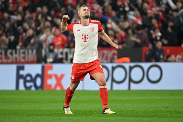 Muenchen, Allianz Arena, 05.03.24, GER, Herren, UEFA Champions League, Achtelfinale, Saison 2023-2024, FC Bayern Muenchen - Lazio Rom Bild: Matthijs DE LIGT (Muenchen) jubelt nach dem Tor zum 2:0 durch Thomas MUELLER (Muenchen) Only for editorial use! UEFA regulations prohibit any use of photographs as image sequences and or quasi-video. Bayern Deutschland