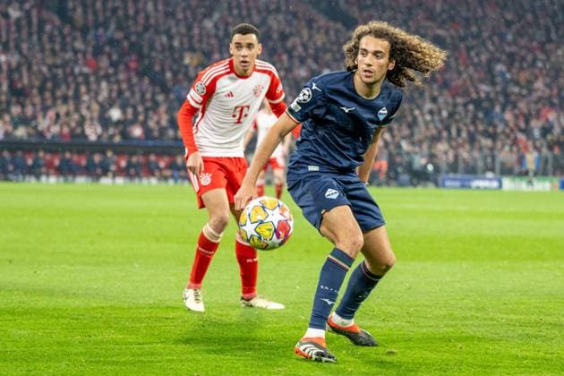 Jamal Musiala 42 (FC Bayern Muenchen), Matteo Guendouzi 8 (S.S. Lazio Rom), FC Bayern Muenchen vs. Lazio Rom, Fussball, UEFA Champions League Achtelfinale Rueckspiel, 05.03.2024 DFB regulations prohibit any use of photographs as image sequences and or quasi-video Muenchen Bayern Deutschland