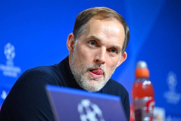 Trainer Thomas TUCHEL (Bayern Muenchen), Pressekonferenz, Einzelbild,angeschnittenes Einzelmotiv,Portraet,Portrait,Porträt. Fussball Champions League Achtelfinale FC Bayern Muenchen-Lazio Rom 3-0 am 05.03.2024, A L L I A N Z A R E N A.