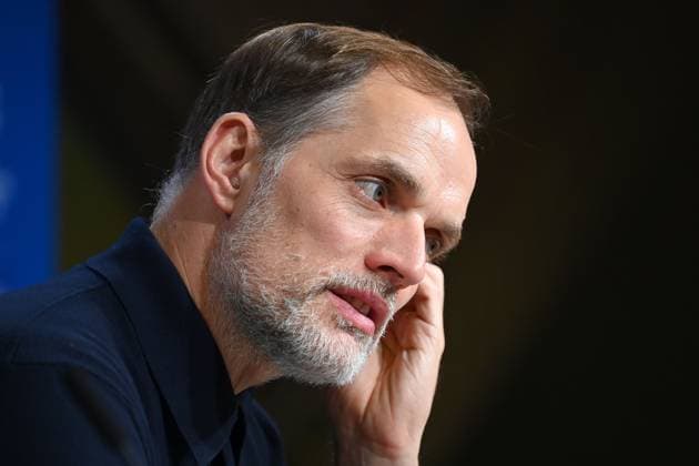 Trainer Thomas TUCHEL (Bayern Muenchen), Pressekonferenz, Einzelbild,angeschnittenes Einzelmotiv,Portraet,Portrait,Porträt. Fussball Champions League Achtelfinale FC Bayern Muenchen-Lazio Rom 3-0 am 05.03.2024, A L L I A N Z A R E N A.
