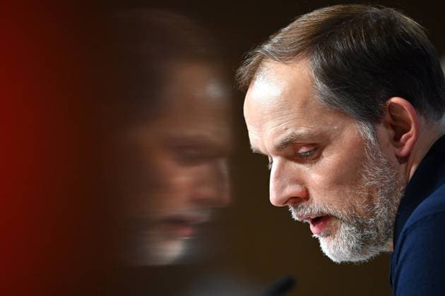 Trainer Thomas TUCHEL (Bayern Muenchen), Pressekonferenz,Spiegelbild, Einzelbild,angeschnittenes Einzelmotiv,Portraet,Portrait,Porträt. Fussball Champions League Achtelfinale FC Bayern Muenchen-Lazio Rom 3-0 am 05.03.2024, A L L I A N Z A R E N A.