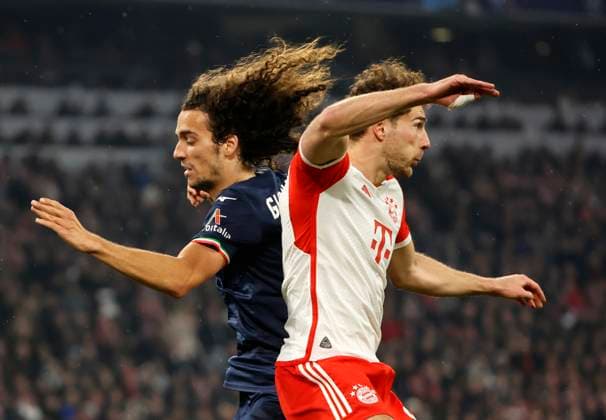 05.03.2024, Champions League, FC Bayern Muenchen vs Lazio Rom, Allianz Arena Muenchen, im Bild: Matteo Guendouzi (Lazio Rom) vs Leon Goretzka (FC Bayern Muenchen)