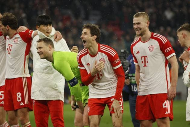 05.03.2024, Champions League, FC Bayern Muenchen vs Lazio Rom, Allianz Arena Muenchen, im Bild: Leon Goretzka (FC Bayern Muenchen), Min-Jae Kim (FC Bayern Muenchen), Manuel Neuer (FC Bayern Muenchen), Thomas Mueller (FC Bayern Muenchen), Matthijs de Ligt (FC Bayern Muenchen)