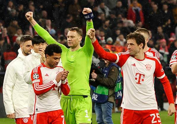 05.03.2024, Champions League, FC Bayern Muenchen vs Lazio Rom, Allianz Arena Muenchen, im Bild: Sven Ulreich (FC Bayern Muenchen), Min-Jae Kim (FC Bayern Muenchen), Serge Gnabry (FC Bayern Muenchen), Manuel Neuer (FC Bayern Muenchen), Thomas Mueller (FC Bayern Muenchen), Eric Dier (FC Bayern Munechen)
