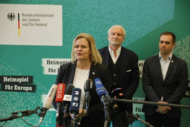 Bundesinnenministerin Nancy Faeser, DFP-Sportdirektor Rudi Völler, Turnierdirektor Philipp Lahm, Deutschland, Berlin, 100-Tage Countdown Event zur UEFA EURO, EM, Europameisterschaft,Fussball 2024