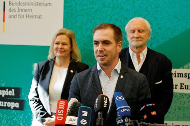 Bundesinnenministerin Nancy Faeser, Turnierdirektor Philipp Lahm, DFP-Sportdirektor Rudi Völler, Deutschland, Berlin, 100-Tage Countdown Event zur UEFA EURO, EM, Europameisterschaft,Fussball 2024