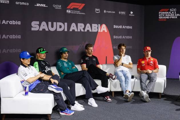 TSUNODA Yuki (jap), Visa Cash App RB F1 Team VCARB 01, portrait, BOTTAS Valtteri (fin), Stake F1 Team Kick Sauber C44, portrait, STROLL Lance (can), Aston Martin F1 Team AMR24, portrait, HULKENBERG Nico (ger), Haas F1 Team VF-24 Ferrari, portrait, RUSSELL George (gbr), Mercedes AMG F1 Team W15, portrait,LECLERC Charles (mco), Scuderia Ferrari SF-24, portrait, press conference, PK, Pressekonferenz during the Formula 1 STC Saudi Arabian Grand Prix 2024, 2nd round of the 2024 Formula One World Championship, WM, Weltmeisterschaft from March 7 to 9, 2024 on the Jeddah Corniche Circuit, in Jeddah, Saudi Arabia - F1 - SAUDI ARABIAN GRAND PRIX 2024 DPPI Panoramic 240306_R02_SAUDI__LF38115-2