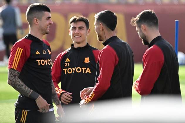 Gianluca Mancini, Paulo Dybala, Lorenzo Pellegrini and Bryan Cristante of AS Roma during a training the day before the Europa League football match between AS Roma and Brighton & Hove Albion FC at Fulvio Bernardini center in Rome (Italy), March 6th, 2024. andreaxstaccioli
