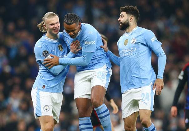 Manuel Akanji of Manchester City celebrates scoring to make it 1-0 with Erling Haland of Manchester City and Josko Gvardiol of Manchester City Manchester City v FC Copenhagen, UEFA Champions League, Round of 16, Second Leg, Football, Etihad Stadium, Manchester, UK - 06 Mar 2024 EDITORIAL USE ONLY No use with unauthorised audio, video, data, fixture lists, club league logos or live services. Online in-match use limited to 120 images, no video emulation. No use in betting, games or single club league player publications. Copyright: xMattxWest Shutterstockx 14373648u