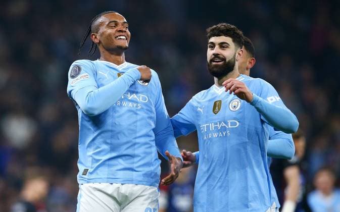 Manuel Akanji of Manchester City celebrates scoring to make it 1-0 with Josko Gvardiol of Manchester City Manchester City v FC Copenhagen, UEFA Champions League, Round of 16, Second Leg, Football, Etihad Stadium, Manchester, UK - 06 Mar 2024 EDITORIAL USE ONLY No use with unauthorised audio, video, data, fixture lists, club league logos or live services. Online in-match use limited to 120 images, no video emulation. No use in betting, games or single club league player publications. Copyright: xMattxWest Shutterstockx 14373648w