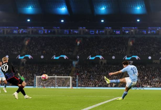 Julian Alvarez of Manchester City scores his sides second goal Manchester City v FC Copenhagen, UEFA Champions League, Round of 16, Second Leg, Football, Etihad Stadium, Manchester, UK - 06 Mar 2024 EDITORIAL USE ONLY No use with unauthorised audio, video, data, fixture lists, club league logos or live services. Online in-match use limited to 120 images, no video emulation. No use in betting, games or single club league player publications. Copyright: xMichaelxZemanek Shutterstockx 14378804l