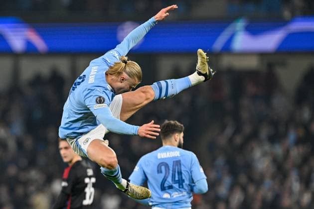 Sport Themen der Woche KW10 Sport Bilder des Tages UEFA Champions League Manchester City v F.C. Copenhagen Erling Haaland of Manchester City celebrates his goal to make it 3-0 during the UEFA Champions League match Manchester City vs F.C. Copenhagen at Etihad Stadium, Manchester, United Kingdom, 6th March 2024 (Photo by Cody Froggatt News Images) Copyright: xCodyxFroggatt NewsxImagesx