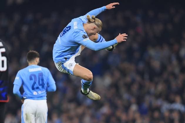 UEFA Champions League - Manchester City v FC Copenhagen 06 March 2024 - UEFA Champions League - Round of 16 (2nd Leg) - Manchester City v FC Copenhagen - Erling Haaland of Manchester City celebrates after scoring the third goal for his team - Photo: Simon Stacpoole Offside. Manchester UK Copyright: xSimonxStacpoolexOffside
