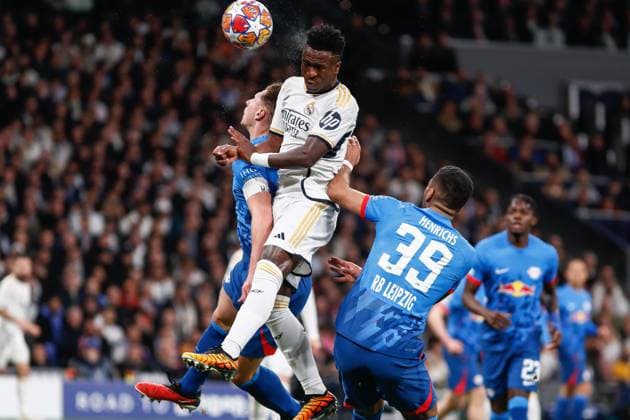March 6, 2024: Willi Orban of RB Leipzig, Vinicius Junior of Real Madrid and Benjamin Henrichs of RB Leipzig in action during the UEFA CHampions League, Round of 16, football match played between Real Madrid and RB Leipzig at Santiago Bernabeu stadium on March 06, 2024, in Madrid, Spain. - ZUMAa181 20240306_zaa_a181_042 Copyright: xIrinaxR.xHipolitox