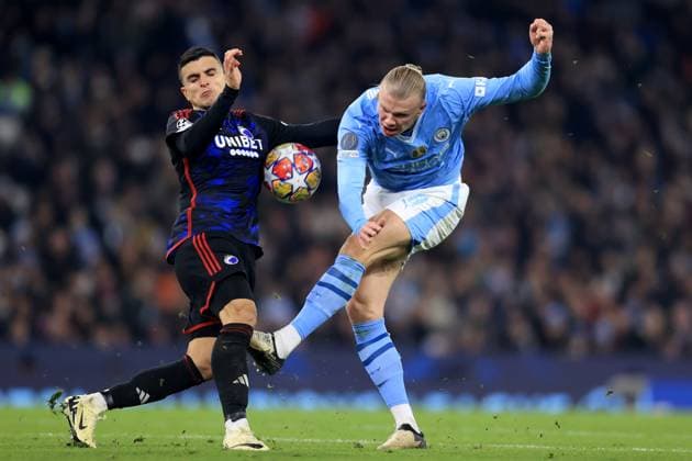 UEFA Champions League - Manchester City v FC Copenhagen 06 March 2024 - UEFA Champions League - Round of 16 (2nd Leg) - Manchester City v FC Copenhagen - Erling Haaland of Manchester City has a shot blocked by Mohamed Elyounoussi of FC Copenhagen - Photo: Simon Stacpoole Offside. Manchester UK Copyright: xSimonxStacpoolexOffside