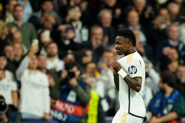 Real Madrid CF v RB Leipzig: Round of 16 Second Leg - UEFA Champions League 2023 24 Vinicius Junior left winger of Real Madrid and Brazil celebrates after scoring his sides first goal during the UEFA Champions League 2023 24 round of 16 second leg match between Real Madrid CF and RB Leipzig at Estadio Santiago Bernabeu on March 6, 2024 in Madrid, Spain. Madrid Spain  Copyright: xJosexBretonx originalFilename:breton-realmadr240306_npX8T.jpg