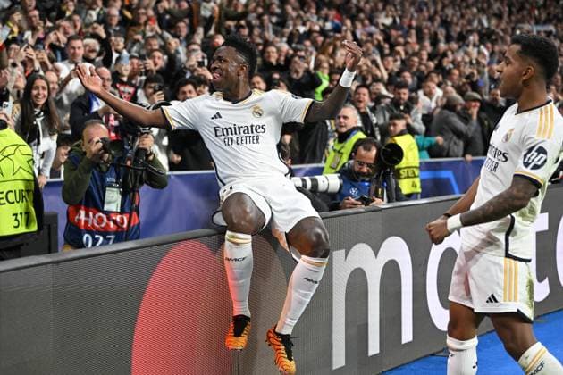 Sport Bilder des Tages Madrid, Estadio Santiago Bernabeu, 06.03.24, GER, Herren, UEFA Champions League, Saison 2023-2024, Achtelfinale, Real Madrid CF - RB Leipzig Bild: VINICIUS JUNIOR (Real Madrid) jubelt nach seinem Tor zum 1:0 Only for editorial use! UEFA regulations prohibit any use of photographs as image sequences and or quasi-video. Spanien