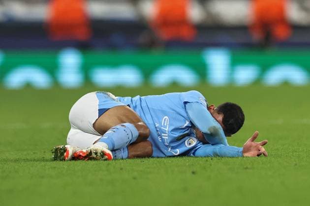 UEFA Champions League Manchester City v F.C. Copenhagen Matheus Nunes of Manchester City injured on the floor during the UEFA Champions League match Manchester City vs F.C. Copenhagen at Etihad Stadium, Manchester, United Kingdom, 6th March 2024 (Photo by Mark Cosgrove News Images) Manchester Etihad Stadium Manchester United, ManU Kingdom Copyright: xMarkxCosgrove NewsxImagesx