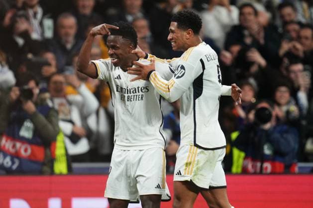 ESP: Real Madrid v RB Leipzig. UEFA Champions League match. Round of 16. Vinicius Jr of Real Madrid celebrates the 1-0 with Jude Bellingham during the UEFA Champions League match, Round of 16, second leg, between Real Madrid and RB Leipzig played at Santiago Bernabeu Stadium on March 6, 2023 in Madrid Spain. kpng Copyright: xBaguxBlancox xPRESSINPHOTOx PS_240306_044