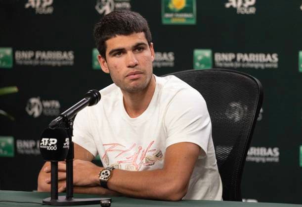 March 06, 2024 Carlos Alcaraz, of Spain, speaks during a press conference, PK, Pressekonferenz at the BNP Paribas Open tennis tournament. CSM Indian Wells United States of America - ZUMAc04_ 20240306_zma_c04_001 Copyright: xCharlesxBausx