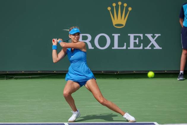 INDIAN WELLS, CA - MARCH 06: Katie Boulter (GBR) hits a backhand during the BNP Paribas Open on March 6, 2024 at Indian Wells Tennis Garden in Indian Wells. CA. (Photo by George Walker Icon Sportswire) TENNIS: MAR 06 BNP Paribas Open EDITORIAL USE ONLY Icon240306028