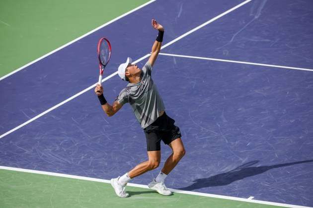 INDIAN WELLS, CA - MARCH 06: Brandon Nakashima (USA) serves during the BNP Paribas Open on March 6, 2024 at Indian Wells Tennis Garden in Indian Wells. CA. (Photo by George Walker Icon Sportswire) TENNIS: MAR 06 BNP Paribas Open EDITORIAL USE ONLY Icon240306035