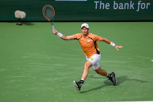 INDIAN WELLS, CA - MARCH 06: Andy Murray (GBR) hits a forehand during the BNP Paribas Open on March 6, 2024 at Indian Wells Tennis Garden in Indian Wells. CA. (Photo by George Walker Icon Sportswire) TENNIS: MAR 06 BNP Paribas Open EDITORIAL USE ONLY Icon240306045