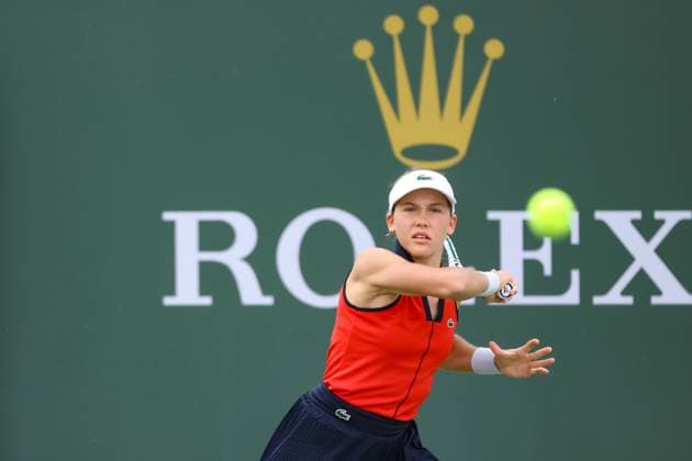 INDIAN WELLS, CA - MARCH 06: Erika Andreeva hits a forehand during the BNP Paribas Open on March 6, 2024 at Indian Wells Tennis Garden in Indian Wells. CA. (Photo by George Walker Icon Sportswire) TENNIS: MAR 06 BNP Paribas Open EDITORIAL USE ONLY Icon240306055
