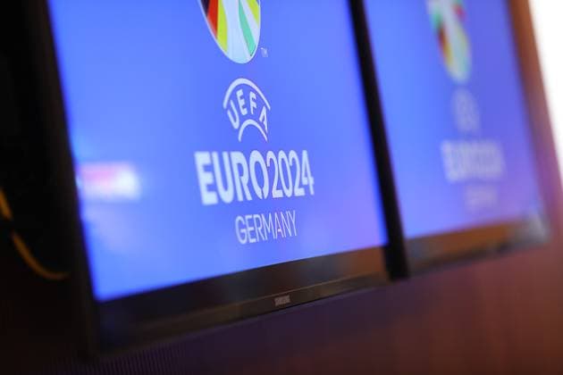 Berlin, Deutschland, 06.03.2024: Bundesinnenministerium: 100-Tage-Countdown-Event zur Fußball-Europameisterschaft 2024: Auf Bildschirmen ist das Logo der Euro 2024 Copyright: xdtsxNachrichtenagenturx dts_32315