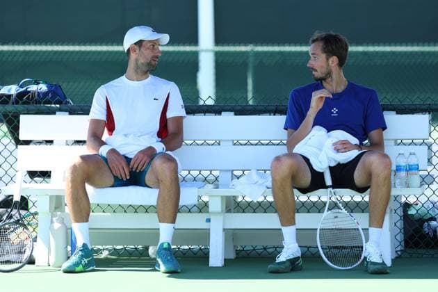 Novak Djokovic (Ser) and Daniil Medvedev TENNIS : Indian Wells 2024 - 06 03 2024 AntoineCouvercelle Panoramic 